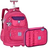 Kit Rebecca Bonbon Mochila Escolar com Rodinhas 19 Polegadas e Estojo para 36 Canetas, Material Reforçado, Infantil Meninas (Rosa)