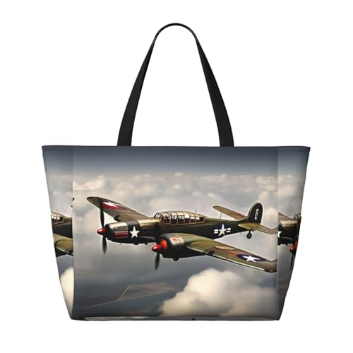Sacs à main décontractés pour femme grand sac de travail imprimé avion guerre mondiale noir