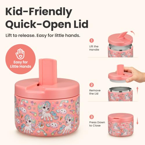 Image of Pawtong 12oz Insulated Vacuum Food Jar with Buckle Lid Wide Mouth Soup Thermo for Hot Food Kids Leakproof Stainless Steel Lunch Container (Pink-Horse)