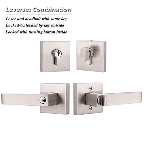 Gobrico Entry Lever Door Handle And Single Deadbolt Lockset Keyed Alike Lever Set In Satin Nickel,Square Rosette,For Front Door Entrance Door,1Pack #TOP4