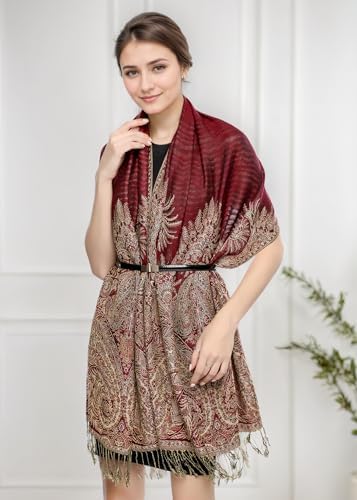 Achillea Soft Silky Reversible Paisley Pashmina Shawl Wrap Scarf w/Fringes