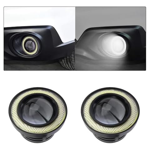 IHOTDER 2PCS Angel Eye Halo Fog Lights for Cars,Super Bright LED Fog Lights Assembly Car Decor with COB Aperture,Universal Daytime Running Light Bulb Car Accessories Exterior (White) Cover