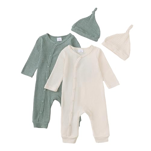 Image of HOOGRIN Infant Boys Girls 2 Pack Newborn Baby Romper Hat Ribbed Knit Long Sleeve Button Solid Bodysuit Jumpsuit with Hat