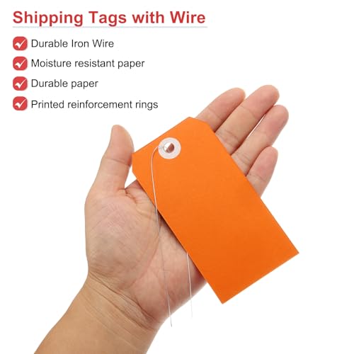 QUARKZMAN 100 Stück Hängeetiketten, Versandetiketten mit Drahtschnur, Papieretiketten zum Beschriften, geeignet für Gepäck, Kleidung, Weinflaschen (12,1 cm x 6 cm, Orange)