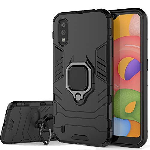 COTDINFOR Caso para Samsung Galaxy A2 Core Funda Silicone TPU + Hard PC Bumper Shell 360 Degree Rotating Metal Ring Magnetic Lock Car Mount Thin Armor Carcaso para Galaxy A2 Core Black- KK.