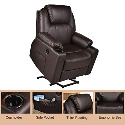 MAGIC UNION Power Lift Electric Recliner Chair PU Leather for Elderly Sleeper Heated Vibration Massage Sofa with Side Pockets USB Charge Port Cup Holder & Massage Remote Control Living Room (Brown)
