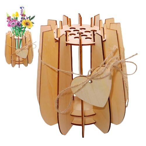 Image of Wooden Vase Compatible for Lego Flowers Bouquet, 3D Wooden Puzzle Vase with Lego Botanicals, Roses, Sunflowers, Tulips, Cherry Blossoms, Daffodils, Lotus