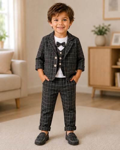 Image of Bold N Elegant Plaid Checks Print Boys 3 Piece Party Suit Coat with Waistcoat Bow Attached T-shirt and Trouser Pant Dress Clothing Set for Infant Toddler Boys