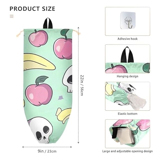 xigua Cute Skulls Plastic Bag Holder Wall Mount with Drawstring 1 Pack, Reusable Grocery Bag Organizer Decor for Bags, Socks, Underwear, And Neckties