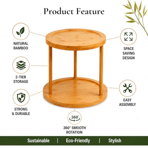 Image of Curated Cart Lazy Susan Organizer for Kitchen, 2 Tier Rotating Tray, 360 Bamboo Turntable, Dining Table Organizer for Home, Oil Bottle Organizer Stand, Kitchen Countertop & Spice Storage Organizer