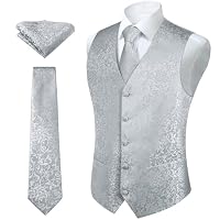 HISDERN Hochzeitsweste herren Blumen Hochzeit Silber-Grau Weste Krawatte Einstecktuch Taschentuch Jacquard Weste Anzug Set