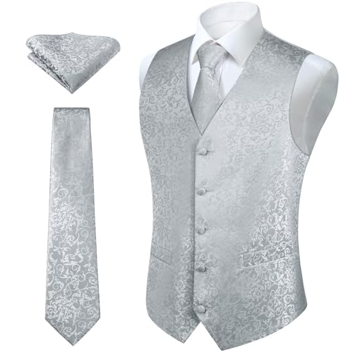 HISDERN Chaleco y corbata de jacquard floral paisley clasico para hombre y traje de chaleco cuadrado de bolsillo Gris plateado L