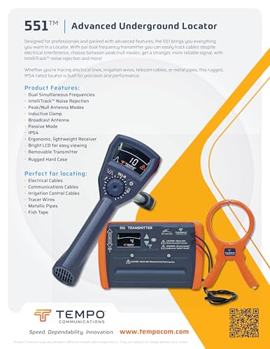 Image of TEMPO 551 Advanced Underground Utility Locator, IP54-rated Underground Wire Locator, Buried Wire Locator, Dual-Frequency Underground Wire Tracer