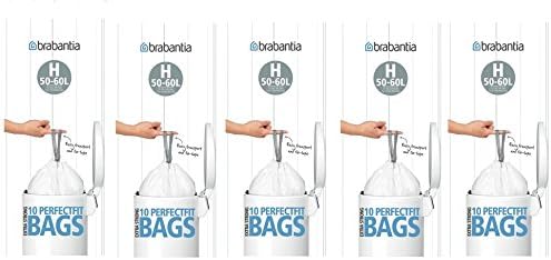 Brabantia Lot de 5 paquets de 10 sacs poubelle extra résistants - Taille H 50-60 L, Plastique, 50-60L