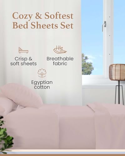 Image of Good Sleep Bedding Split King Sheet Set for Adjustable Bed, 5 Piece, 100% Egyptian Cotton King Split Sheets for Adjustable Bed, Sateen Weave, 16 inch Deep Pocket Sheet Set - Blush