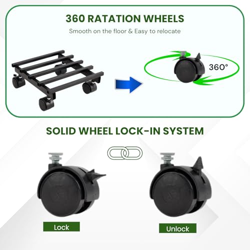 Image of Plant Stand with Wheels - Heavy Duty Metal Rolling Plant Caddy for Pots & Planters, Rust-Proof Iron Trolley with 360 Rotating Wheels, Indoor Outdoor Balcony Garden Use (Black, Pack of 2)
