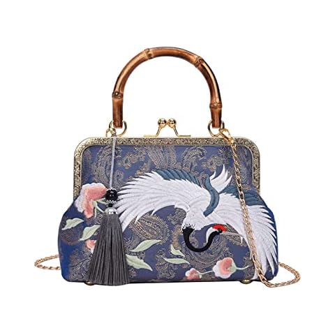 YeBon Retro Shoulder Chain Messenger Clutch Chinese Style Crane Embroidered Jacquard Women's Evening Bags (Blue Crane) Cover