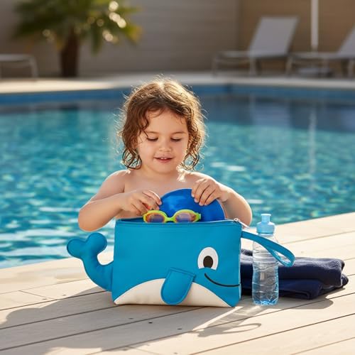Image of Waterproof Swimming Bag for Kids | Mini Preschool Nursery Travel Backpack | Wet Dry Separation Beach Storage Bag for Boys & Girls (Whale Shape Blue-White)