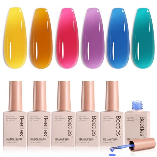 Image of Beetles Jelly Gel Nail Polish Set, Luminous Cocktail 6 Colors Fall Gel | Sheer Gel Polish Kit Yellow Orange Purple Blue Green Red Translucent Effect Soak off UV DIY at Home Gift for Women