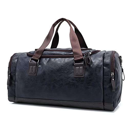Leisure Travel Duffel Bag PU Leather Men's Handbag Large Capacity Travel Bag Black Duffle Bag，Blue-49x25x22cm