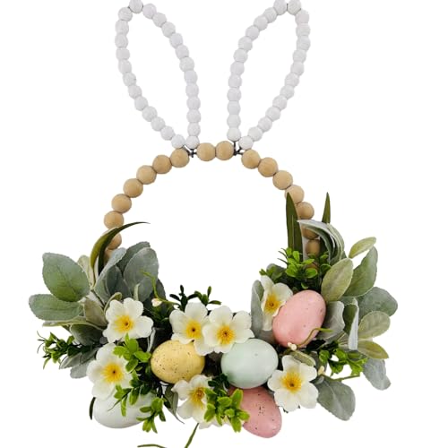 TEMPUS 16 Inch Easter Wooden Bead Wreath Spring Artificial Egg Wreath Bunny Head Wooden Bead Wreath for Front Door Wall Holiday Decoration