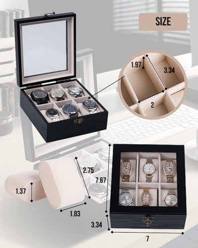 Image of Watch Box, Watch Case for Men Women with Large Glass Lid, Wooden Watch Display Storage Box with 6 - Slots, Charcoal Black 6x2 Mens Watch Box Organizer