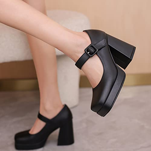 Women's Block Heel Square Toe Pumps Buckle Platform Heels Pumps4