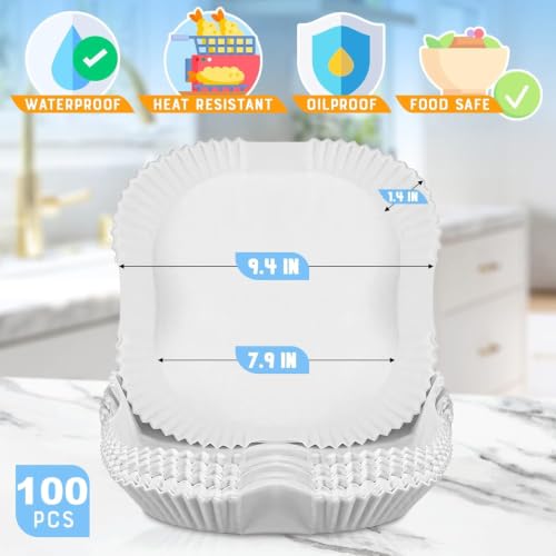 Image of PureBake 100 Pcs Air Fryer Paper Sheets, Disposable Paper Liner, Parchment Paper for Airfryer & Microwave, Oil Proof for Frying, Baking, Cooking, Roasting (Square, 8 Inch with Oil Brush)