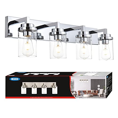 Image of MELUCEE 4-Light Bathroom Lighting, Modern Chrome Vanity Light Fixture Over Mirror, Industrial Wall Mount Light with Clear Glass Shade for Bath Kitchen Living Room