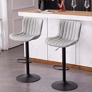Kidol & Shellder Bar Stools Set of 2 Adjustable Swivel Barstools Faux Leather Soft Cushion High Backrest Counter Stools, Grey, 3-5 Mins to Assemble, Loads Up to 300lbs