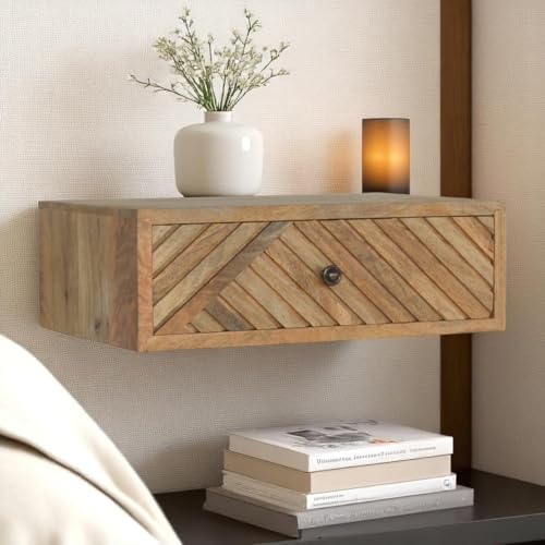 RiouPsithuric Mueble Flotante Moderno Mesita de Noche de Madera Maciza para Colgar en la Pared, 1 cajón, diseño Tallado, Tirador Brillante, Acabado en Roble, Minimalista, sin Patas, Ideal para g
