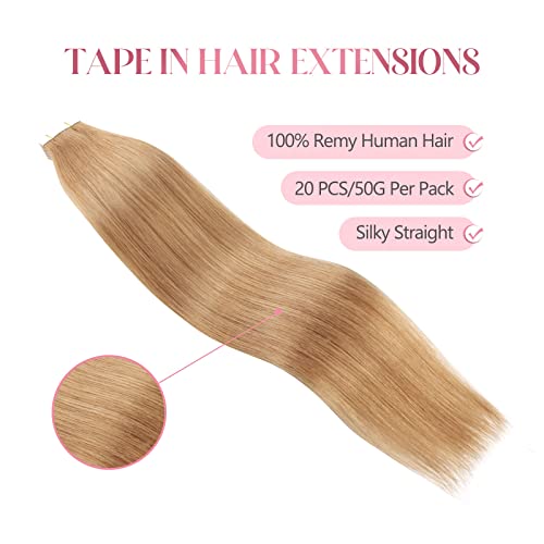 Image of Sixstarhair Strawberry Blonde Tape in Hair Extensions Remy Human Hair Double Side Tape Attached Invisible Hair Extensions 20 Pieces [Color 27 Strawberry Blonde 16inch]
