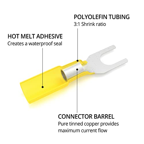 Wirefy 90 PCS Heat Shrink Fork Connectors #10 - Crimp Fork Terminals - Yellow 12-10 Gauge