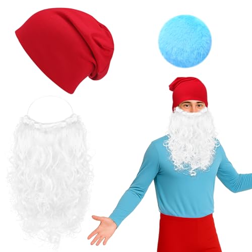 Mepase 3 Pcs Halloween Elf Dwarf Gnome Hat Costumes Set Blue Accessories with Red Gnome Hat White Beard and Blue Tail Storybook Character Cosplay Accessories for Halloween Party