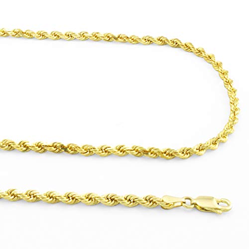 Nuragold 14K Yellow Gold 3Mm Solid Rope Chain Diamond Cut Pendant Necklace, Mens Womens Lobster Clasp 16" 18" 20" 22" 24" 26" 28" 30" - Real Solid Gold Jewelry #TOP6