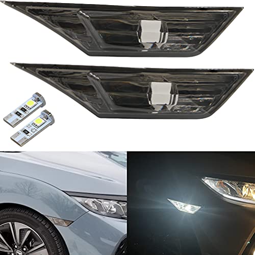 Smoked Lens 10th Gen Civic Side Marker Lights For 2016 2017 2018 2019 2020 2021 Honda Civic Coupe Hatchback White LED Clearance Markers Indicator Lamps + 2Pcs T10 194 LED Light Bulbs OEMH02551127N