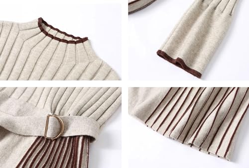 Image of LAI MENG FIVE CATS Women's Elegant Long Sleeve Stripe Sweater Ribbed Knit Pullover Fall Midi Dress