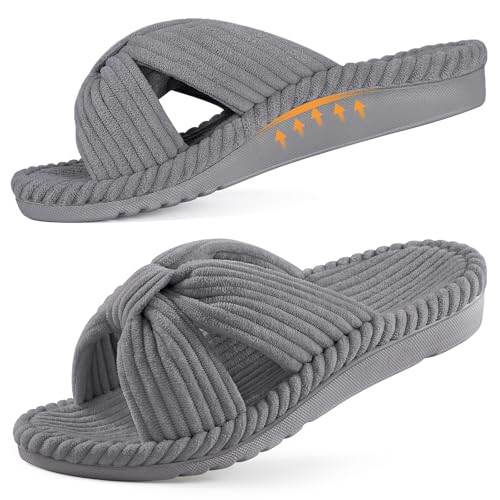 Litfun Orthopedic House Slippers for Women Arch Support Indoor Slippers Corduroy Cross Bow Open Toe Bedroom Shoes for Plantar Fasciitis, Grey 39