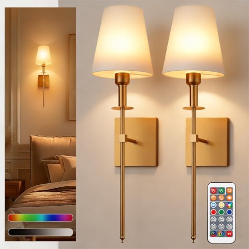 Image of DORESshop Battery Operated Wall Sconce Set of 2, Gold Rechargeable Wall Lights Remote, Sconce Wall Decor Set of 2, 7 Colors Wireless Sconces for Bedroom Living Room Hallway