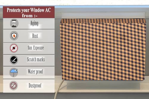Image of The Furnishing Tree Elastic fit waterproof Polyester window ac cover suitable for Croma 1.5 Ton, Dustproof cover for inner and outer section, In CM: (67.31x66.04x45.72), Checkered Pattern Brown