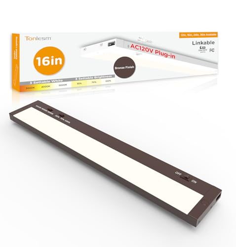 Image of Under Cabinet Lighting Plug in,9W 120V 3 Color 3000K /4000K /5000K,3 Brightness,Super Bright,Ultra Thin Under Counter Lights for Kitchen,Linkable LED Cabinet Light(16inch,Bronze,1Pack)