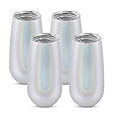 4 Pack Stemless Double Insulated Champagne Flute Tumbler with Lid, 6 Oz Unbreakable Reusable Cocktail Champagne Toasting Glasses, Great Gift for Friends Family Christmas Birthday, Glitter White