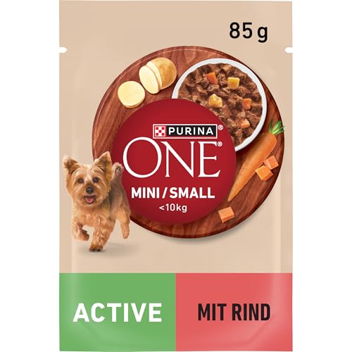 PURINA ONE Mini/Small Active Hundefutter nass für kleine Hunde, reich an Rind & Gemüse, 26er Pack (26 x 85g)