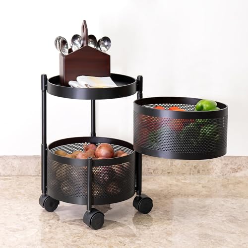 Image of MARKWELL Round Rotatable Kitchen Trolley with Wheels | Vegetable Fruit Onion Storage Rack | Multipurpose Metal Kitchen Organizer Stand | Matt Black (Round - 2 Layer)