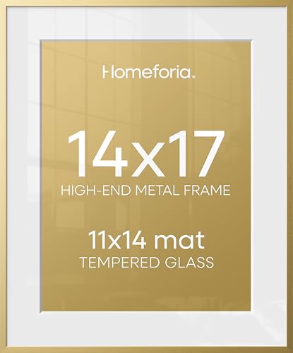 Image of Homeforia 14x17 Picture Frame Gold, High End Metal 14x17 Poster Frames with Mat 11x14 Photo, 14 x 17 Gold Frames Matted to 11 by 14 Print, 17x14 Thin Hanging Frames, Tempered Glass, Wall Kit, Set of 1