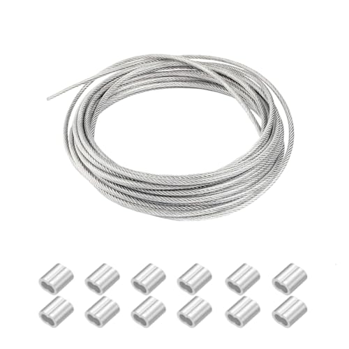 Stalowa Lina Nierdzewna Zestaw 7x7, 20m x 3mm Stalowy Kabel Powlekany, Kabel Bezpieczeństwa ze Stali Nierdzewnej, Drut ze Stali Nierdzewnej, z 12 SZT Tulejek Aluminiowych Podwójne Oczko 3mm