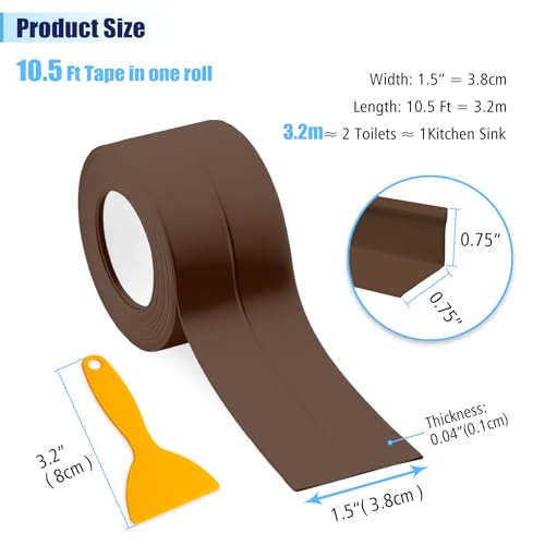 Image of Waterproof Seal Caulk Strip Tape Self Adhesive for Sink Toilet Bathroom Wall Edge Bathtub Oil-Proof Caulking Sealing Tape 1.5 inch x 10.5' (W*L) 3Pcs Brown
