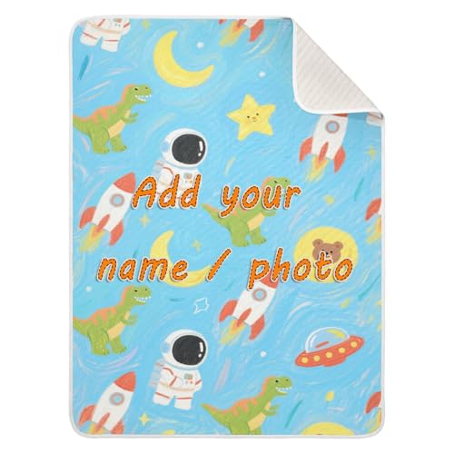 Custom Cute Cartoon Blue Rockets Astronaut Dinosaur Baby Blanket for Boys Soft Custom Print Photo Baby Blanket with Name for Girls or Boys 30x40in Mantas para