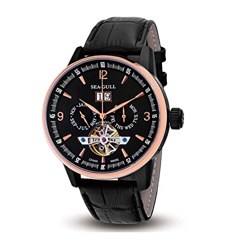 SEA GULL Seagull 219.328   Reloj automático de esqueleto con calendario semanal mensual para hombre, Esfera negra/anillo negro, Moderno