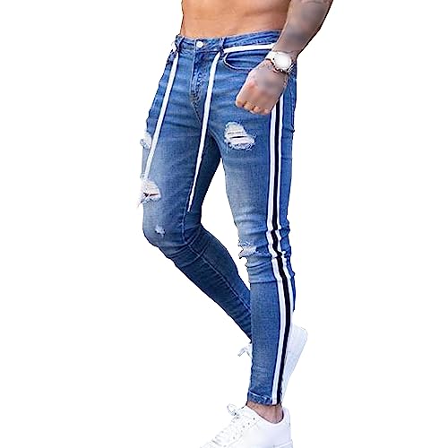 Men's Slim Distressed Tapered Leg Jean Skinny Ripped Straight Stylish Denim Pants Regular Zipper Jeans Pantalon (Blue,Large)